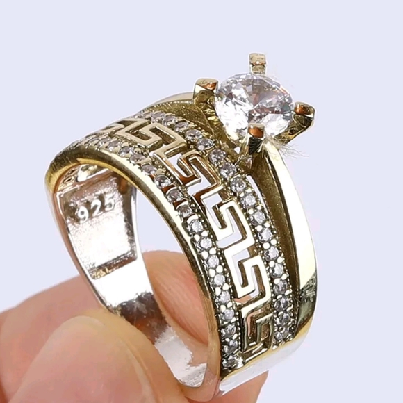 Gorgeous white Sapphire wedding set Sterling Gold & Bronze sz8.5 - Picture 9 of 12